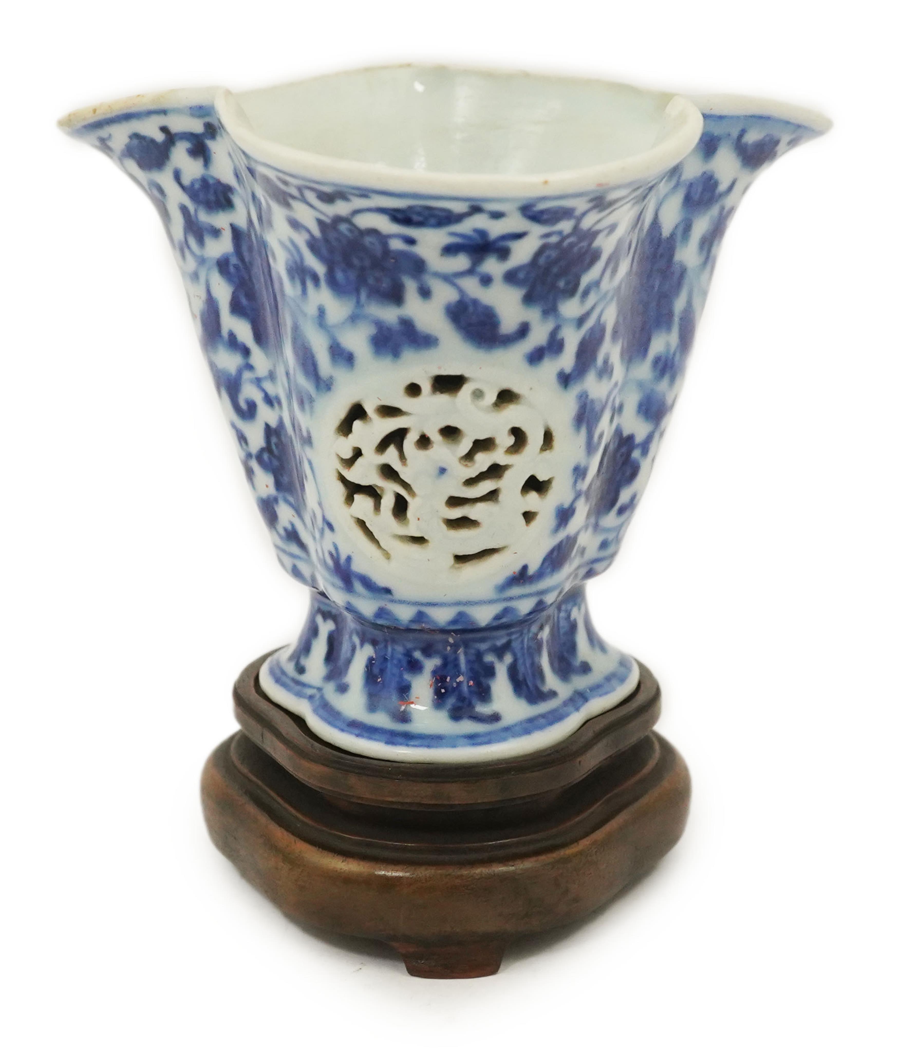 An unusual Chinese blue and white trefoil shaped double walled vase, Qianlong period